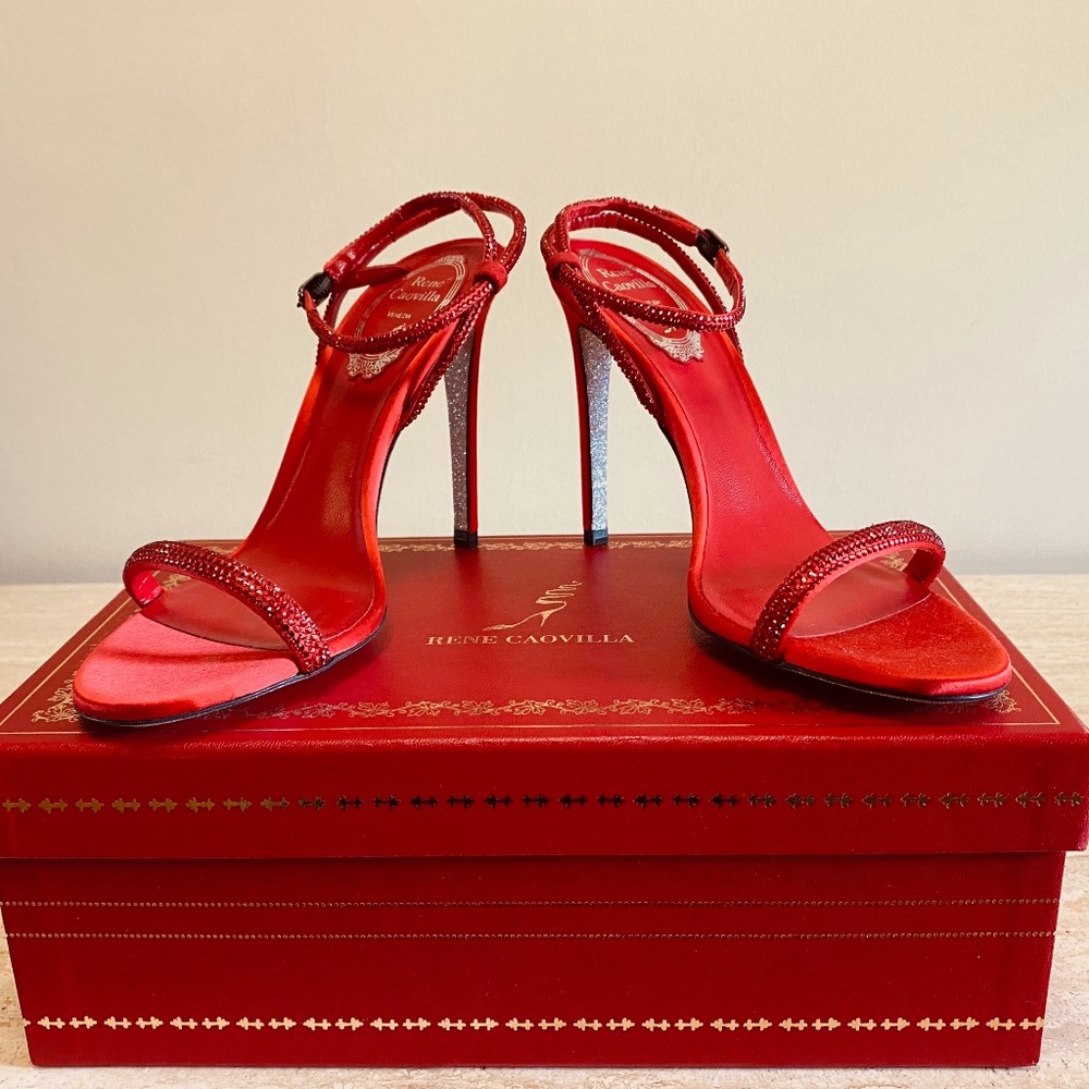 Rene Caovilla Red Satin Heels with Crystal Straps NWT